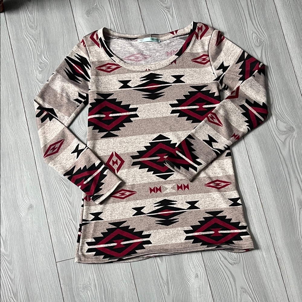 Maurices Geometric Long Sleeve Top - Black, Red, Tan